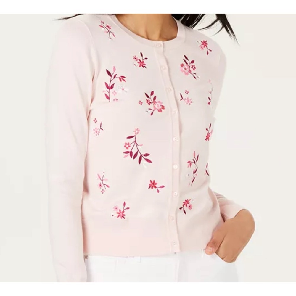 Charter Club Cardigan Womens PL Pink Floral Embroidered Button Front Sweater - Picture 2 of 8